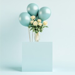 Sticker - A serene display featuring blue balloons and yellow roses in a minimalistic setting.