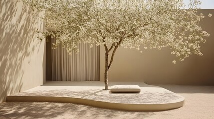 Canvas Print - Minimalist Modern Patio Design with Blooming Tree