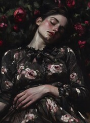 Wall Mural - Woman Sleeping Amongst Roses Oil Painting