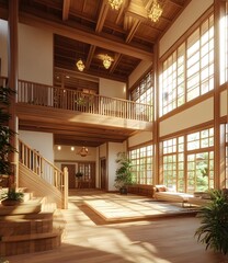 Canvas Print - Modern Japanese Style Home Interior Design With Wooden Staircase And Large Windows