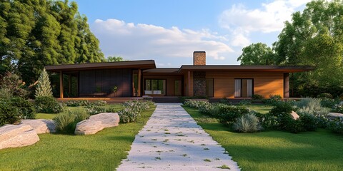 Wall Mural - Modern House Design with Stone Pathway and Green Grass