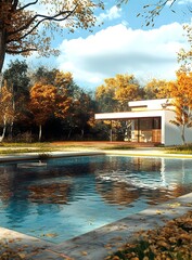 Sticker - Modern House with Swimming Pool Surrounded by Autumn Trees