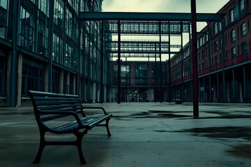 Wall Mural - Empty Bench in Modern Building Courtyard