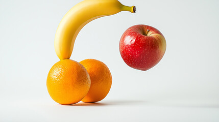 product photography of two oranges and bananas and falling apples, white background