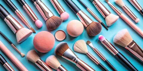 Makeup Brushes and Sponges on Blue Background, makeup , brushes , beauty , tools