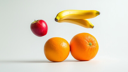 product photography of two oranges and bananas and falling apples, white background