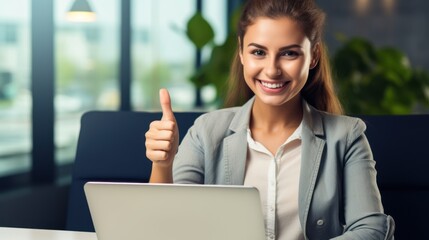 Wall Mural - A happy young woman using her laptop, confidently giving a thumbs up 