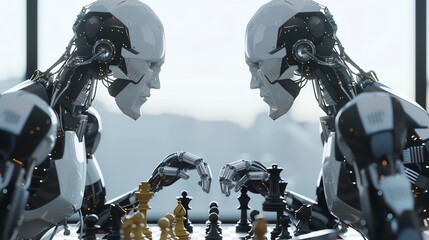 Two humanoid robots are playing chess.