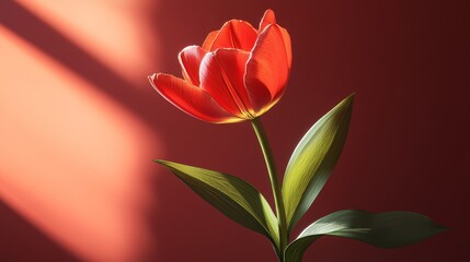 Wall Mural - A red flower with green leaves is in the foreground of a red background