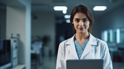 Wall Mural - A portrait of a cheerful female doctor, looking directly at the camera 