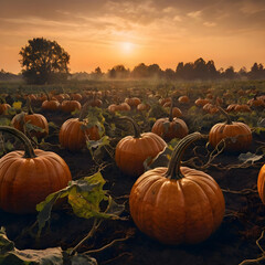 Overgrown pumpkin patch at dusk with eerie mist