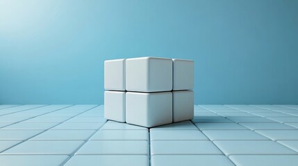 Wall Mural - A white cube is sitting on a blue tile floor