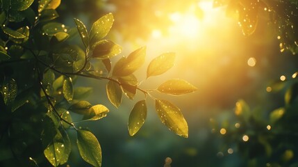 Wall Mural - A leafy tree branch is in the sun, with the sun shining through the leaves