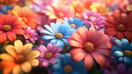 Wall Mural - A colorful field of flowers with a bright blue flower in the middle