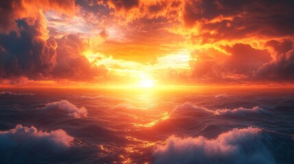 Wall Mural - A beautiful sunset over the ocean with a large sun in the sky