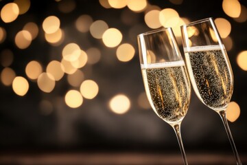 Two elegant champagne flutes with bubbles, set against a warm, glowing bokeh background for a festive celebration.