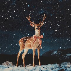 reindeer tied with ribbon starry night sky mockup