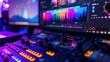 © Wahyu - Close-up of Audio Mixing Board with a Video Editing Screen in the Background