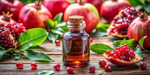 Pomegranate Seed Oil in Glass Bottle with Fresh Pomegranates, Close Up, Rustic Wooden Table, Antioxidant Benefits, Pomegranate Oil, Pomegranate Seeds, Pomegranate Extract