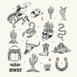 © cddesign.co - A Western-themed vector graphic set featuring cowboy elements such as a rodeo rider, hat, boots, cacti, skulls, a scorpion, snake, horseshoe, and mountain landscape.