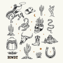 a western-themed vector graphic set featuring cowboy elements such as a rodeo rider, hat, boots, cac