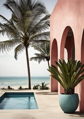 Sticker - Tropical Poolside Architecture with Palm Trees and Ocean View