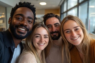 selfie, collaboration and diversity with business friends posing for a photograph together in their 