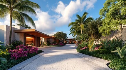 Sticker - Tropical Resort Driveway with Lush Greenery and Palm Trees