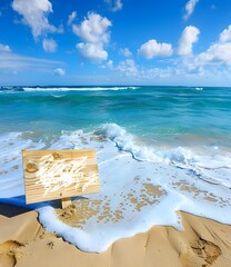 Sticker - Wooden Sign on Sandy Beach with Ocean Waves