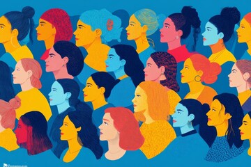 Wall Mural - International Women's Day. Women of different ages, nationalities and religions come together. Horizontal blue poster, Generative AI