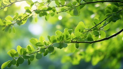 Wall Mural - Close-up of  green foliage on a tree branch with soft sunlight 