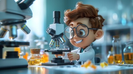 Cartoon 3D scientist using a microscope to examine samples