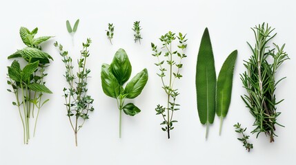 An assortment of fresh herbs and spices on a white background.