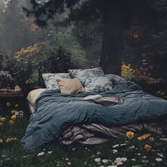 Canvas Print - Bed in a Forest Clearing with Flowers and a Book