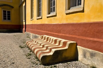 Canvas Print - Yellow Wall with Striped Stone Bench