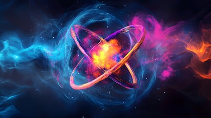 3. An artistic representation of an atom with abstract electron clouds and dynamic colors