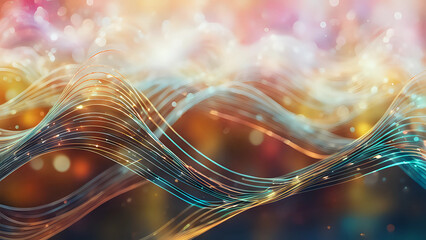 Wall Mural - 3d rendering of colorful neon waves on abstract background with shimmering particles. dynamic flow. 