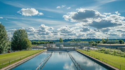 Canvas Print - A water treatment plant under a captivating blue sky and fluffy clouds, diligently cleaning drains for a sustainable ecology