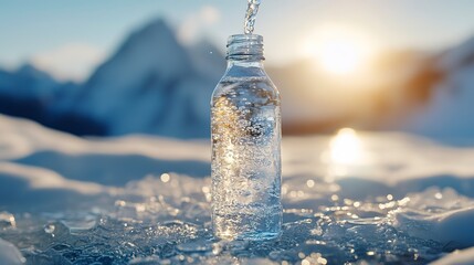 Wall Mural - Bottle and glass of pouring crystal water against blurred nature snow mountain landscape background. Organic pure natural water. Healthy refreshing drink 