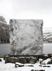 Wall Mural - Large Rock Formation in a Snowy Mountain Landscape