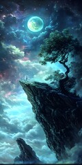 Poster - Fantasy Landscape with Person Standing on a Cliff, Moon, Stars, Clouds, and a Tree