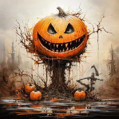 Wall Mural - A pumpkin with a scary face and two pumpkins behind it. Scene is spooky and Halloween-themed