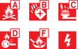 © POSMGUYS - Fire extinguisher label vector set isolated. Flammable combustible materials classification. A, B, C, D, K signs. Fire class types. Extinguisher poster.