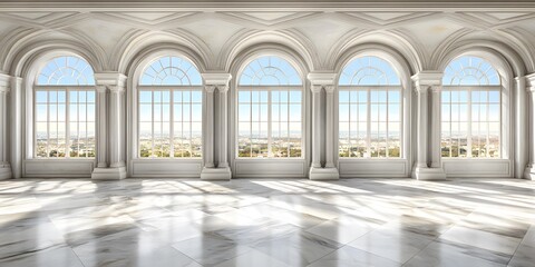 Poster - White Marble Room With Arch Windows and Cityscape View