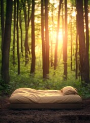 Canvas Print - Bed in the Forest with Sunlight