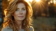 © aicandy - A serene portrait of a woman with flowing hair standing in natural outdoor light with sunlight filtering through trees in the background, creating an ethereal and peaceful atmosphere
