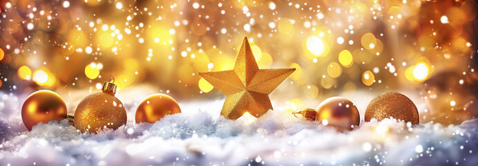 Wall Mural - christmas holidays decoration with golden star and baubles, glitter, bokeh inside snow