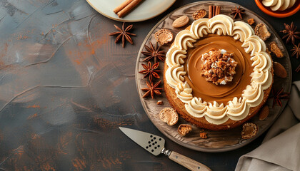 Wall Mural - Board with delicious caramel cake on table