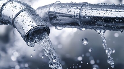 Poster - Close-up of water pipes leaking and splashing. The image captures the urgency and importance of addressing plumbing issues for a sustainable environment. 