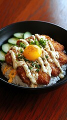 Wall Mural - Sliced grilled chicken is served with teriyaki sauce, rice, colorful vegetables, and a sunny-side-up egg, topped with green onions and sesame seeds